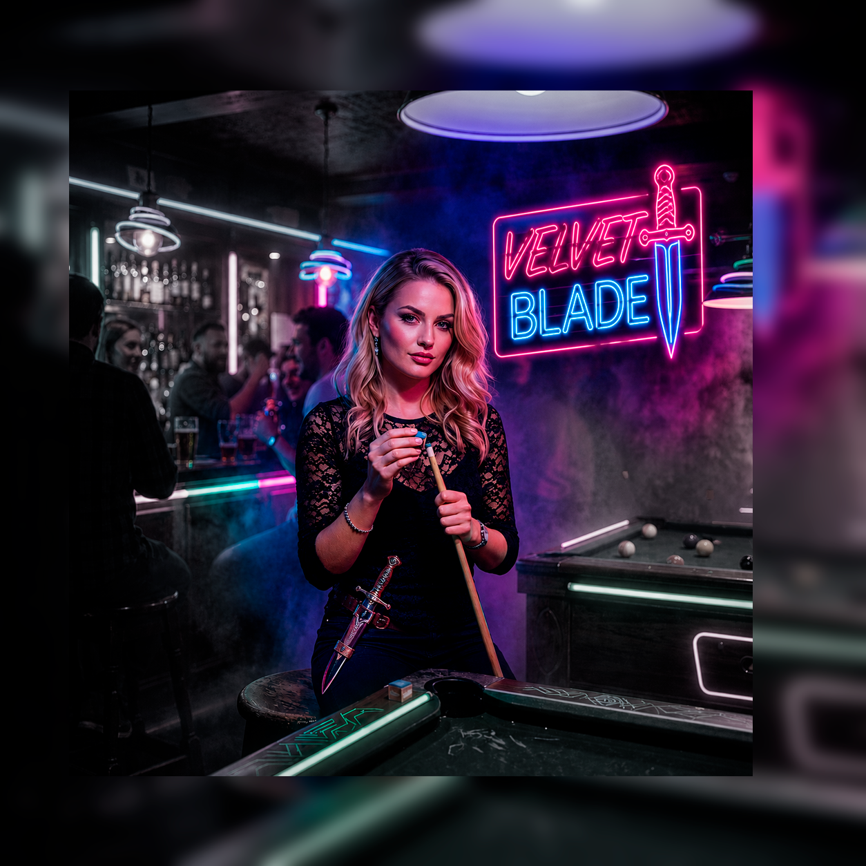 Velvet Blade in a neon-lit pool hall